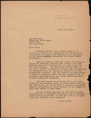 Sacco-Vanzetti Defense Committee typed letter (circular) to Dr. Giordano (Bulletino della Sera), Boston, Mass., April 25, 1927