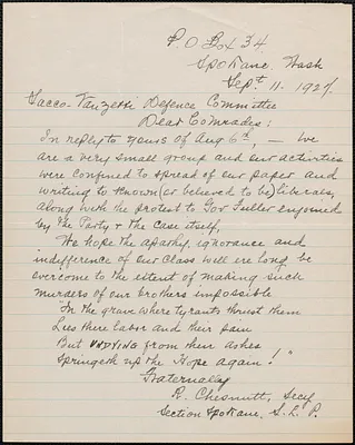 R. Chesnutt autograph letter signed to Sacco-Vanzetti Defense Committee, Spokane, Wash., September 11, 1927