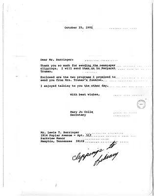 Correspondence Between Lewis Barringer and Mary Jo Colle
