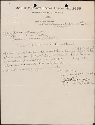 J. S. Barnes (Mount Cheviot Local Union No. 2655, United Mine Workers of America) autograph note signed to Sacco-Vanzetti Defense Committee, Mountain Park, Alberta, September 28, 1923
