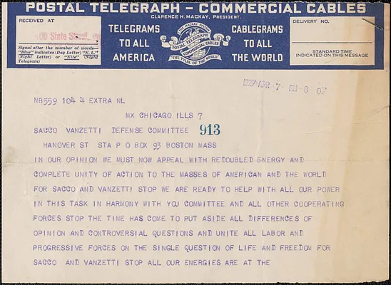 James P. Cannon (International Labor Defense) telegram to Sacco-Vanzetti Defense Committee, Chicago, Ill., April 7, 1927
