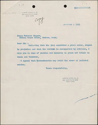 Louis Long typed note (copy) to Webster Thayer, New York, N. Y., November 1, 1921
