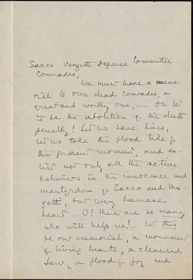 Sarah N. Cleghorn autograph letter signed to Sacco-Vanzetti Defense Committee, Manchester, Vt., August 25, 1927
