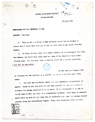 Memorandum from Major General Leslie Groves to Secretary of War Henry Stimson