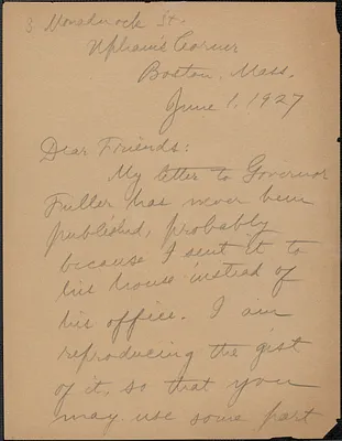 Alice Stone Blackwell autograph letter signed to Sacco-Vanzetti Defense Committee, Boston, Mass., June 1, 1927