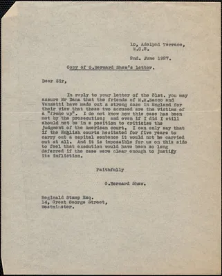 G. Bernard Shaw typed letter (copy) to Reginald Stamp, [London, Eng.], June 2, 1927