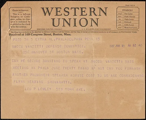 Leo P. Lemley telegram to Sacco-Vanzetti Defense Committee, Philadelphia, Pa., June 14, 1927