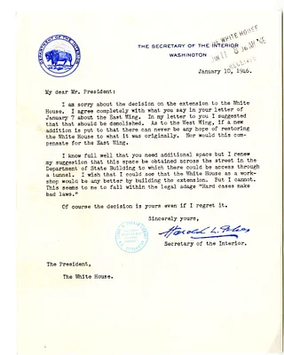 Letter from Secretary of the Interior Harold Ickes to President Harry S. Truman