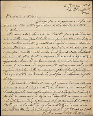 Bartolomeo Vanzetti autographed letter signed to Nino Napolitano, Dedham, 6 June 1927