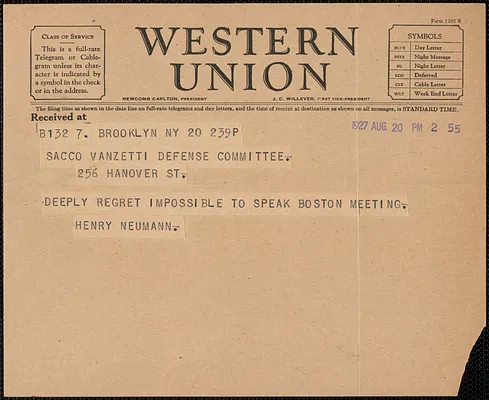 Henry Neumann telegram to Sacco-Vanzetti Defense Committee, Brooklyn, N.Y., 20 August 1927