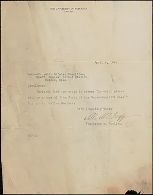 M. M. Fogg (University of Nebraska) typed letter signed to Sacco-Vanzetti Defense Committee, Lincoln, Neb., April 4, 1922
