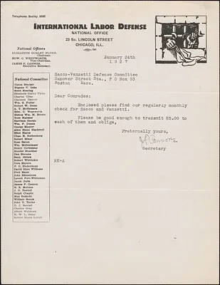 James P. Cannon (International Labor Defense) typed note signed to Sacco-Vanzetti Defense Committee, Chicago, Ill., January 24, 1927