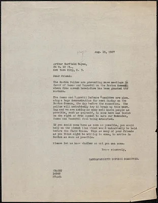 Sacco-Vanzetti Defense Committee typed letter (copy) to Arthur Garfield Hays, Boston, Mass., August 15, 1927