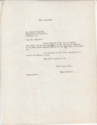 Letters Sent to Dr. Herman Schlundt, April 3, 1929