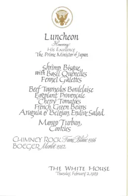 Cards-Menus, Luncheon, Honoring His Excellency The Prime Minister of Japan, The White House, February 2, 1989