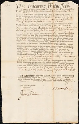 Thomas Bantom indentured to apprentice with Samuel Mower, Jr. of Worcester, 1757