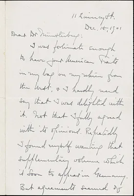 Palmer, George Herbert, 1842-1933 autograph letter signed to Hugo Münsterberg, Cambridge, Mass., 18 December 1901