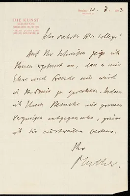 Muther, Richard, 1860-1909 autograph letter signed to Hugo Münsterberg, Breslau, Ger., 10 July 1903
