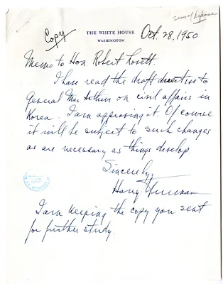 Correspondence Between President Harry S. Truman and Deputy Secretary of Defense Robert Lovett, with Attachment