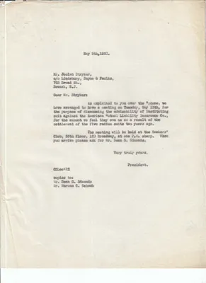 Letters Sent to Josiah Stryker, May 9, 1930