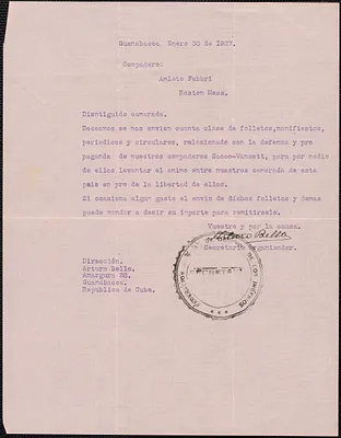 Arturo Bello typed letter signed, in Spanish, to Sacco-Vanzetti Defense Committee, Guanabacca, Cuba, January 30, 1927