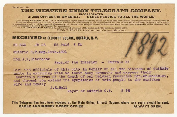 Telegram from Mayor J. E. Ball of Guthrie to E. A. Hitchcock
