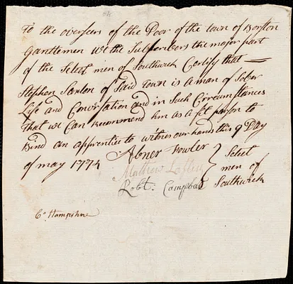 David Davis indentured to apprentice with Stephen Saxton of Southwick, 17 May 1774