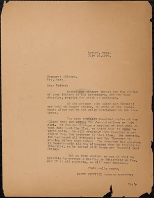 Sacco-Vanzetti Defense Committee typed letter (copy) to Margaret Shipman, Boston, Mass., July 25, 1927