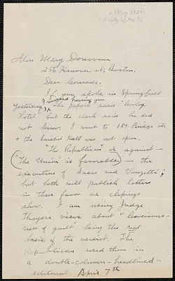 Nelson West autograph letter signed to Mary Donovan, Ludlow, Mass., May 2, 1927