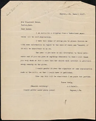 J. J. O'Neill typed letter to [Elizabeth Glendower] Evans, Keyser, W. Va., August 16, 1927