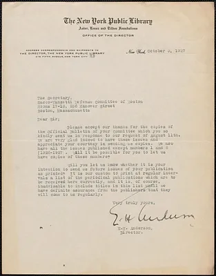 E. H. Anderson (New York Public Library, Astor, Lenox, and Tilden Foundations) typed letter signed to Sacco-Vanzetti Defense Committee, New York, N. Y., October 3, 1927