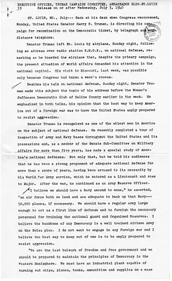 Truman for Senate Campaign Press Release