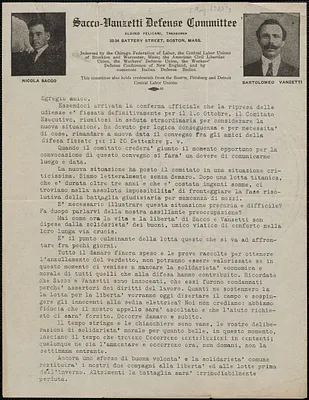 Sacco-Vanzetti Defense Committee typed letter (circular), in Italian, Boston, Mass., [August 1923?]