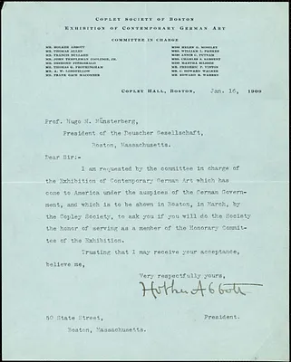 Abbot, Holker, 1858-1930 typed note signed to Hugo Münsterberg, Boston, 16 January 1909