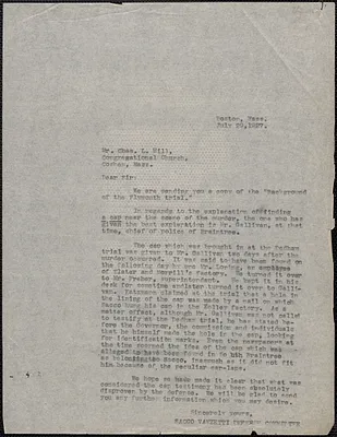 Sacco-Vanzetti Defense Committee typed letter (copy) to Charles L. Hill, Boston, Mass., July 29, 1927