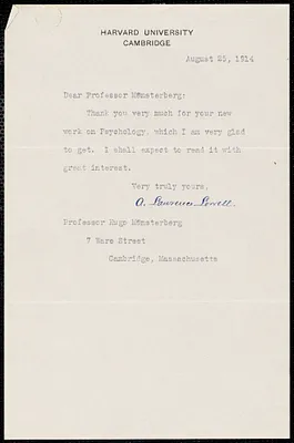 Lowell, A. Lawrence (Abbott Lawrence), 1856-1943 typed note signed to Hugo Münsterberg, Cambridge, Mass., 25 August 1914