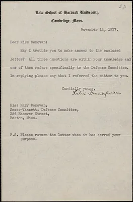 Felix Frankfurter typed note signed to Mary Donovan, Cambridge, Mass, November 14, 1927
