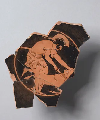 Fragmentary Red-Figure Kylix (Drinking Cup): Warrior Sacrificing Ram