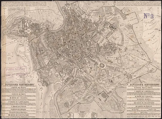 Roma, la capitale degli Stati Pontifici, fondata da Romolo e Remo verso vanno 754 prima di Cristo, e situato sul 41°53'54" di latitudine settentrionale e sul 30°7'19" di longitudine (da Ferro) sul Tevere 33 piedi da Parigi di sopra al Mare Mediterraneo, e 7 leghe (14 miglia) distante dalle stesso