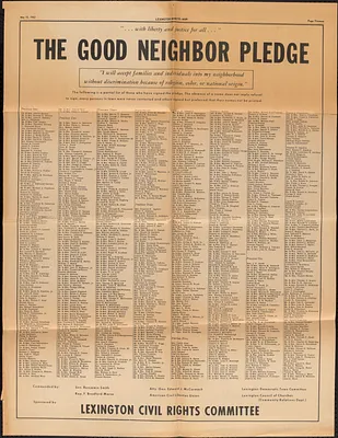 Lexington Minuteman Article “The Good Neighbor Pledge” listing families and individuals who have taken the pledge in Lexington