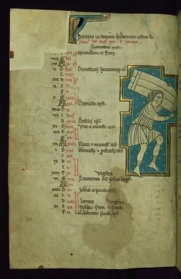 Leaf from the Touke Psalter: June Calendar, Man Carrying Bundles of Wood
