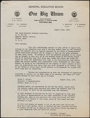 R. B. Russell (One Big Union) typed letter to Sacco-Vanzetti Defense Committee, Winnipeg, Man., August 10, 1927