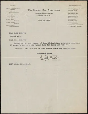 George A. Ward (The Federal Bar Association) typed note signed to Mary Donovan, Washington, D.C., July 29, 1927