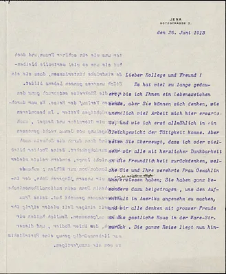 Eucken, Rudolf, 1846-1926 typed letter signed to Hugo Münsterberg, Jena, 26 June 1913