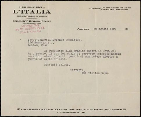 L'Italia typed note, in Italian, to Sacco-Vanzetti Defense Committee, Chicago, Ill., August 20, 1927