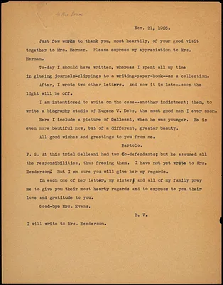 Bartolomeo Vanzetti typed letter (copy) to [Elizabeth Glendower Evans], [Charlestown], 21 November 1926