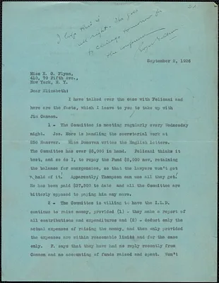 Roger N. Baldwin typed letter signed to Elizabeth Gurley Flynn, [New York, N. Y. ?], September 2, 1926