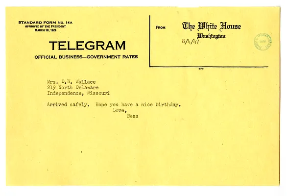 Telegram from Bess W. Truman to Madge Gates Wallace