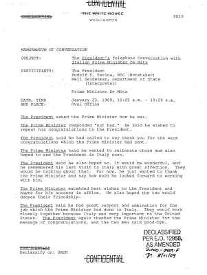The President's Telephone Conversation with Italian Prime Minister De Mita, January 23, 1989