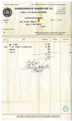 Bill from Independence Hardware Company
